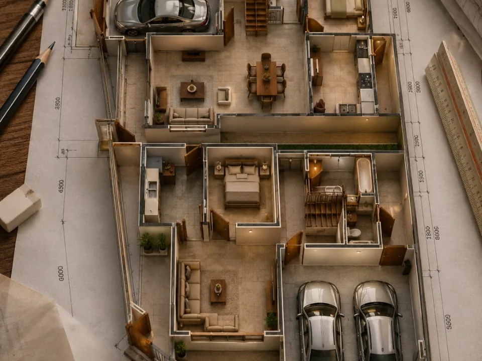 Plan 3D d'une villa sur calque